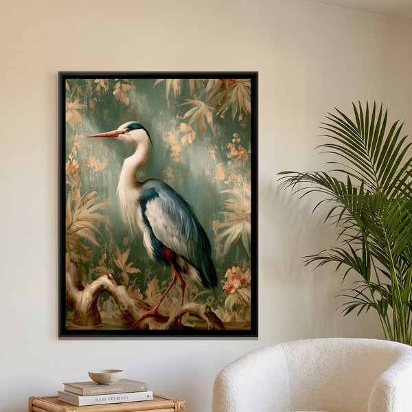 Chinoiserie Heron — framed canvas art hung on a wall