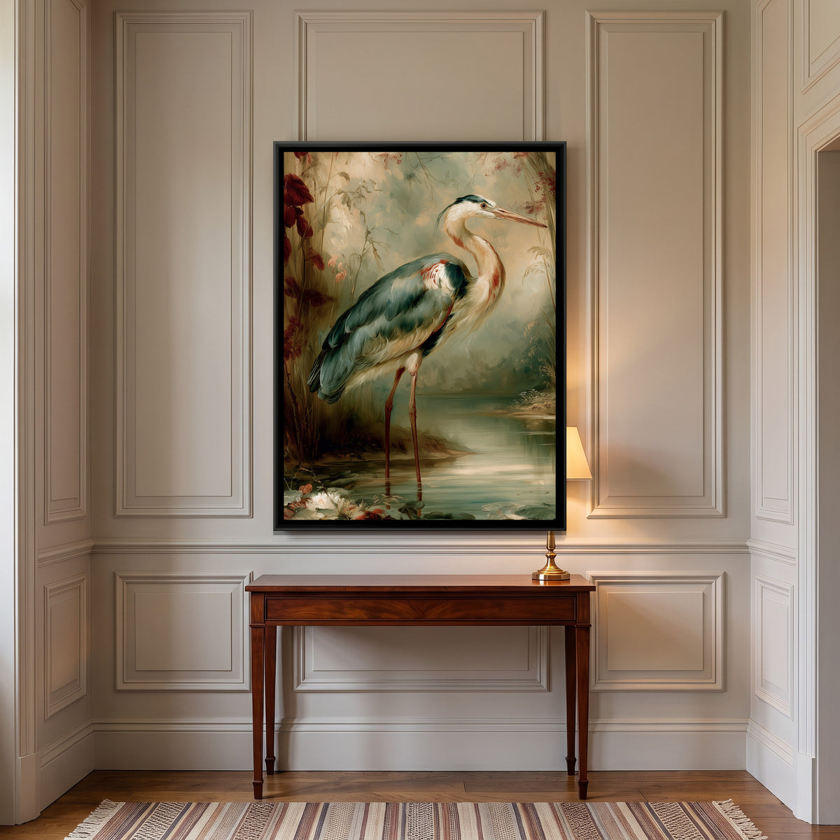 Grey Heron — canvas art shown in a styled room