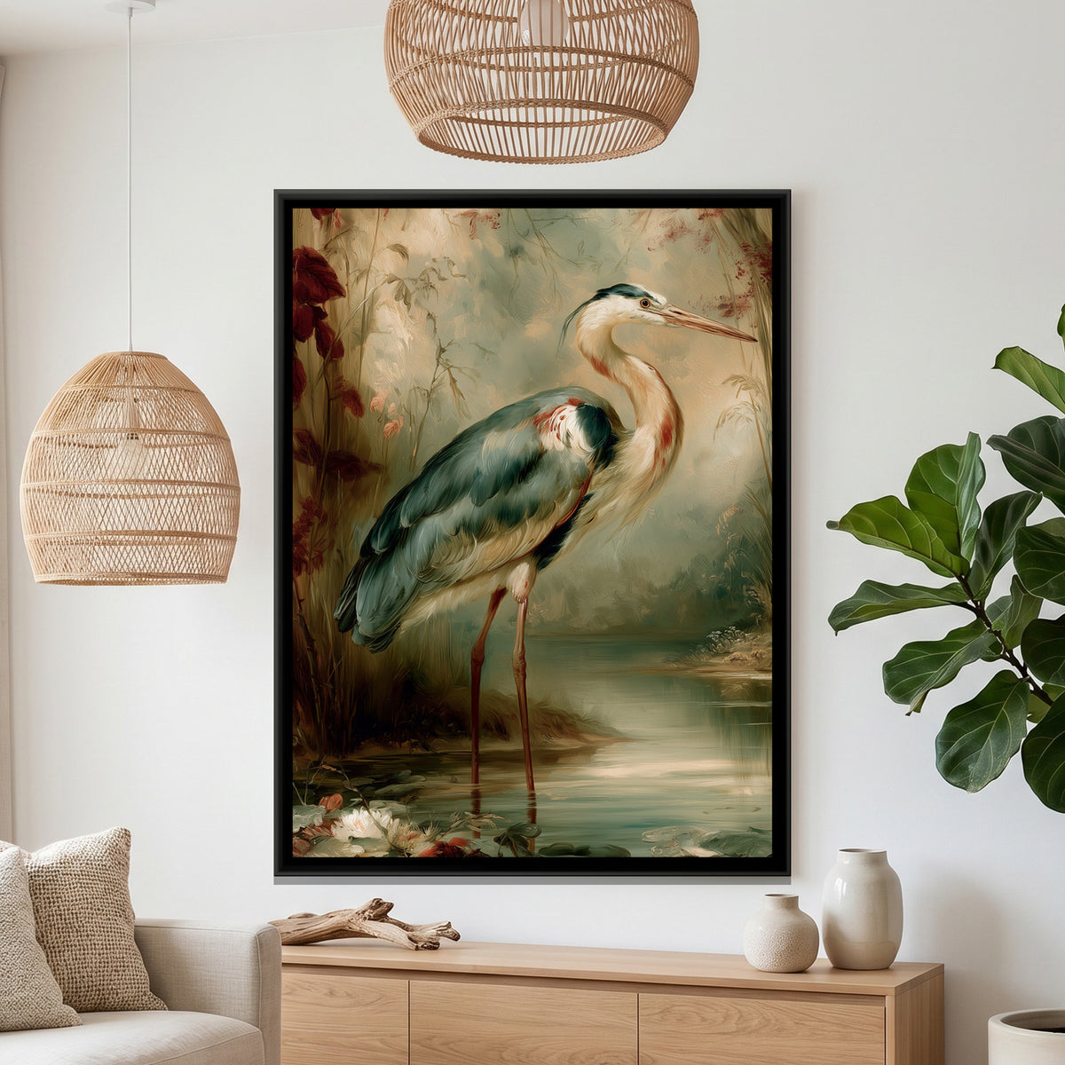 Grey Heron — framed canvas art hung on a wall