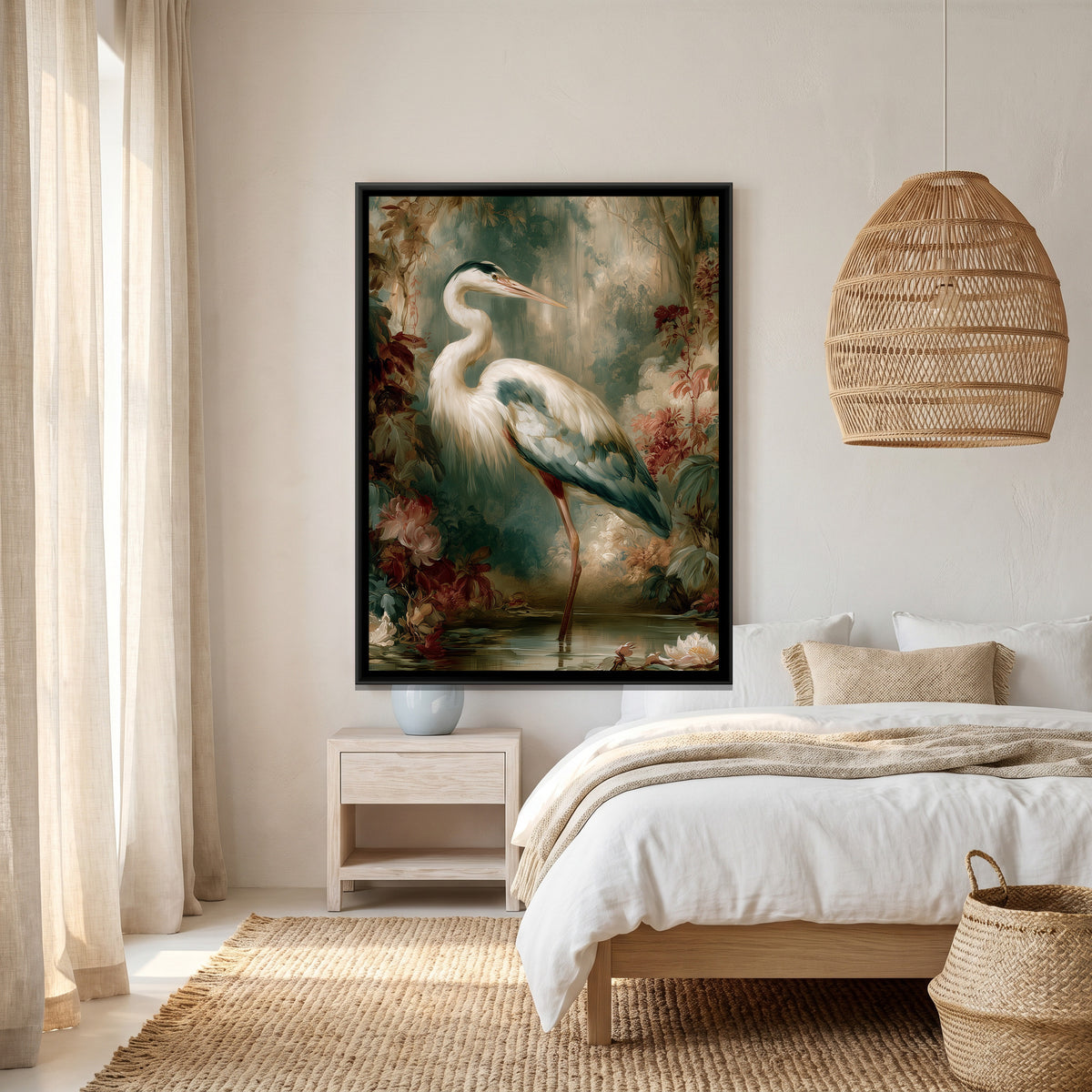 Grey Heron — canvas art shown in a styled room
