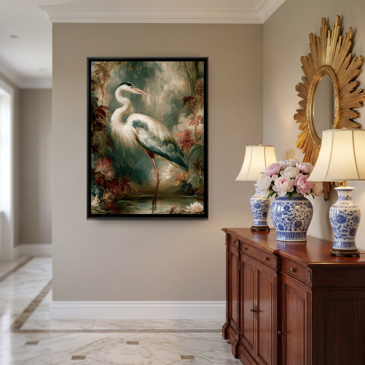 Grey Heron — canvas art shown in a second room setting