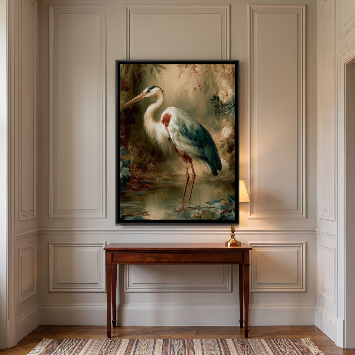 Grey Heron — canvas art shown in a second room setting