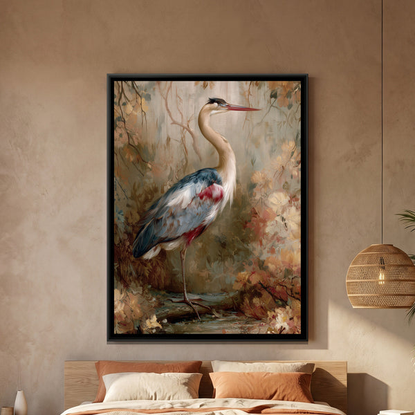Grey Heron — framed canvas art hung on a wall