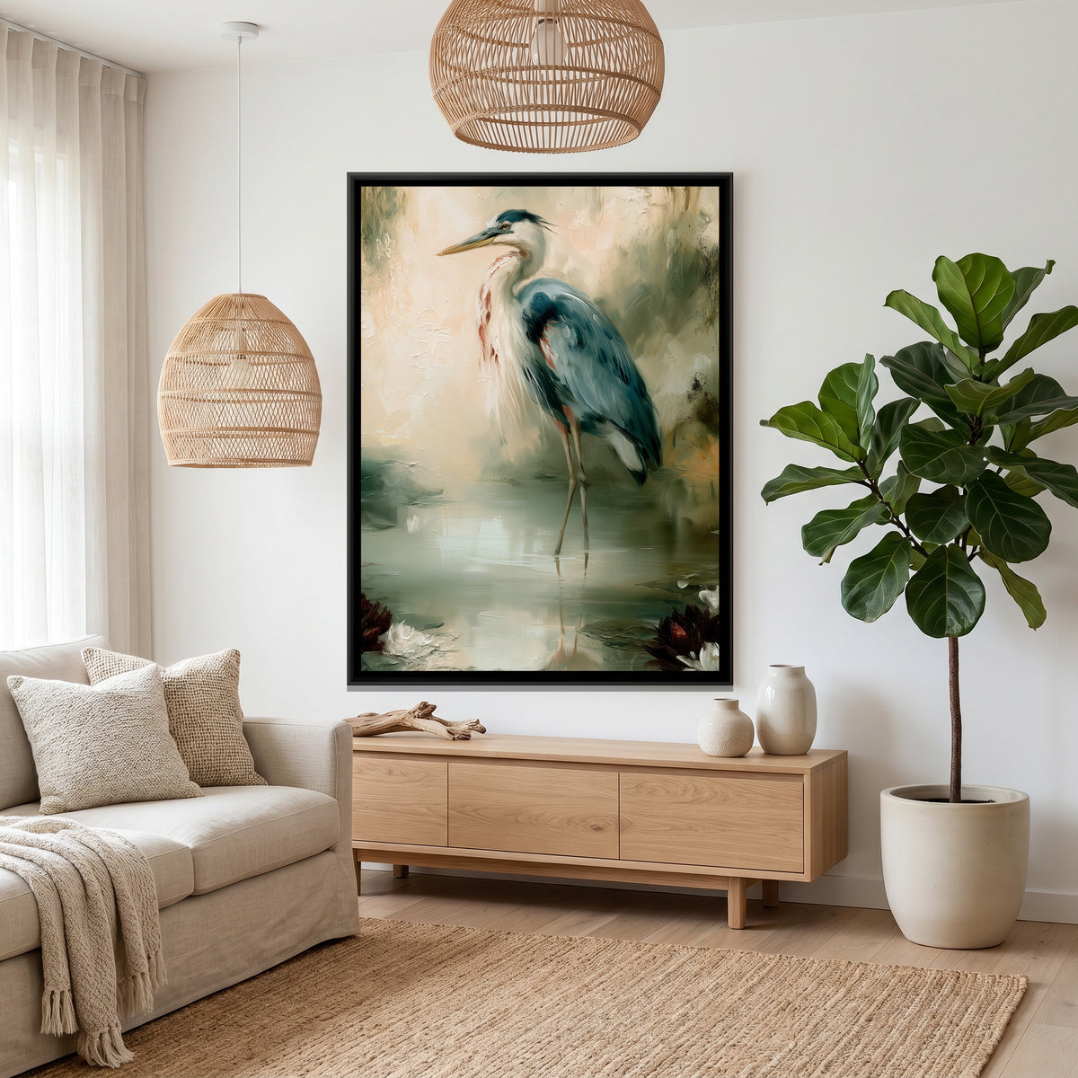 Grey Heron — canvas art shown in a second room setting