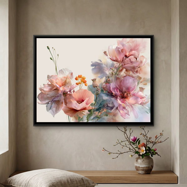 Pastel Watercolour Flowers — framed canvas art hung on a wall