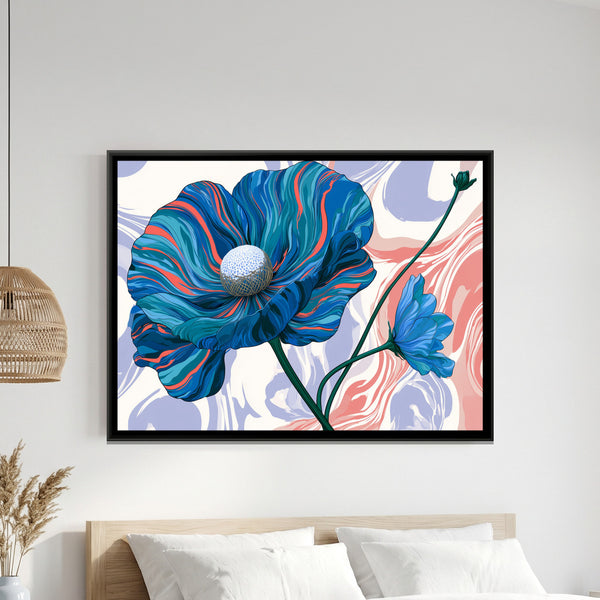 Blue Poppy — framed canvas art hung on a wall
