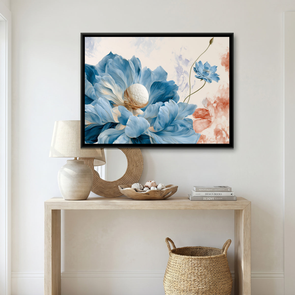 Blue Poppy — canvas art shown in a second room setting