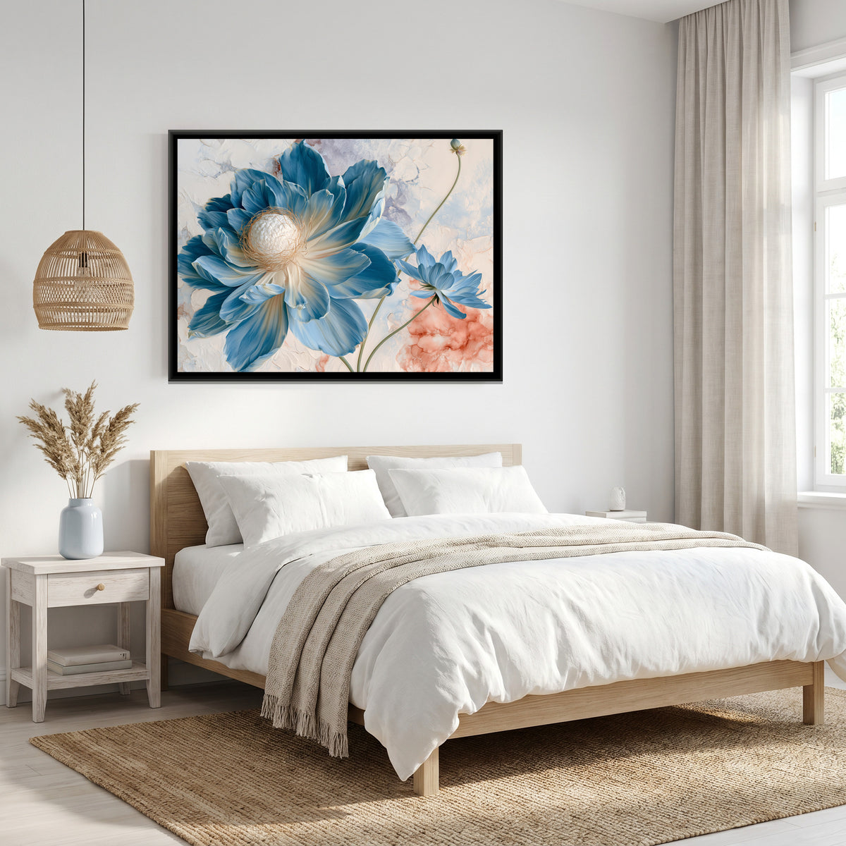 Blue Poppy — canvas art shown in a styled room