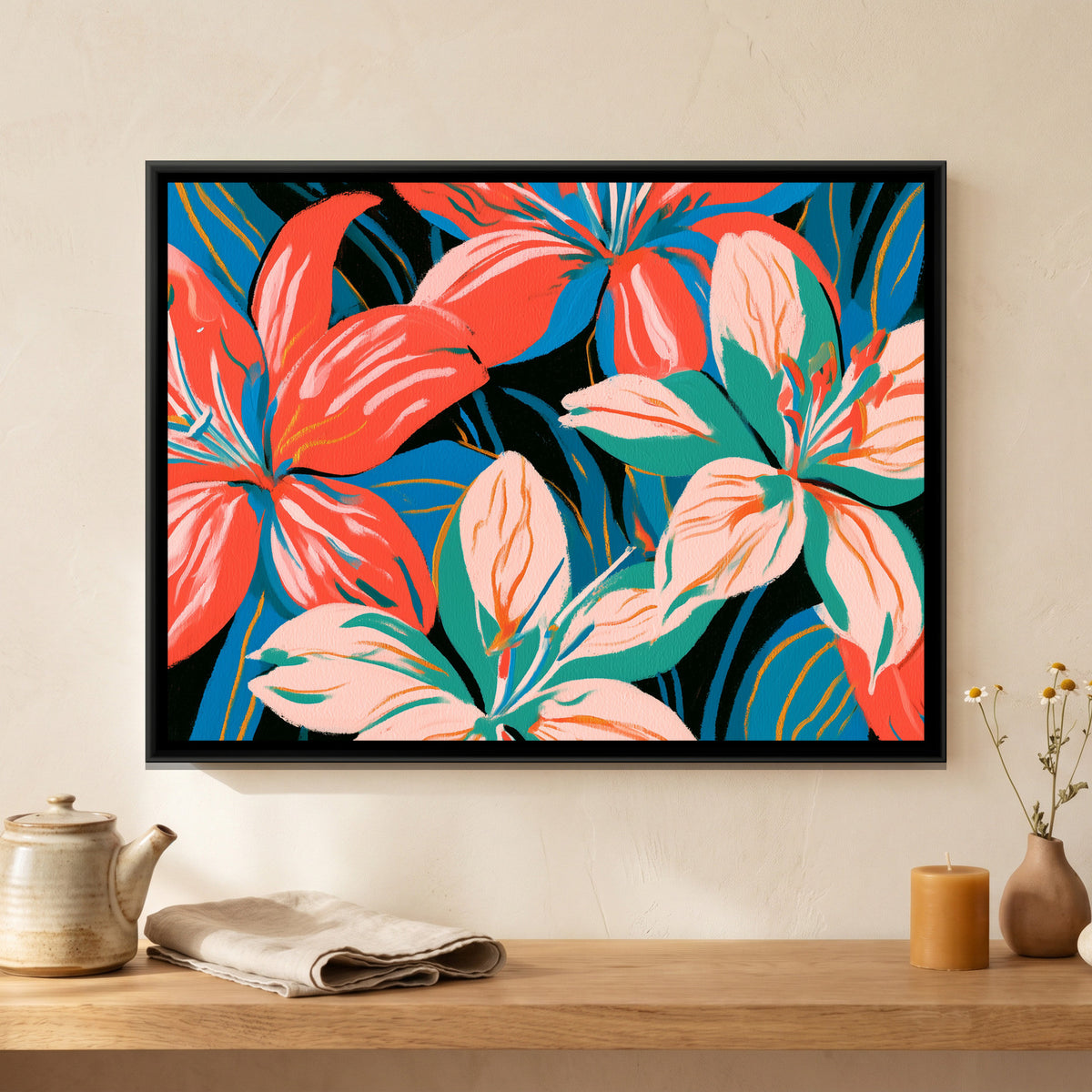 Lilies — framed canvas art hung on a wall