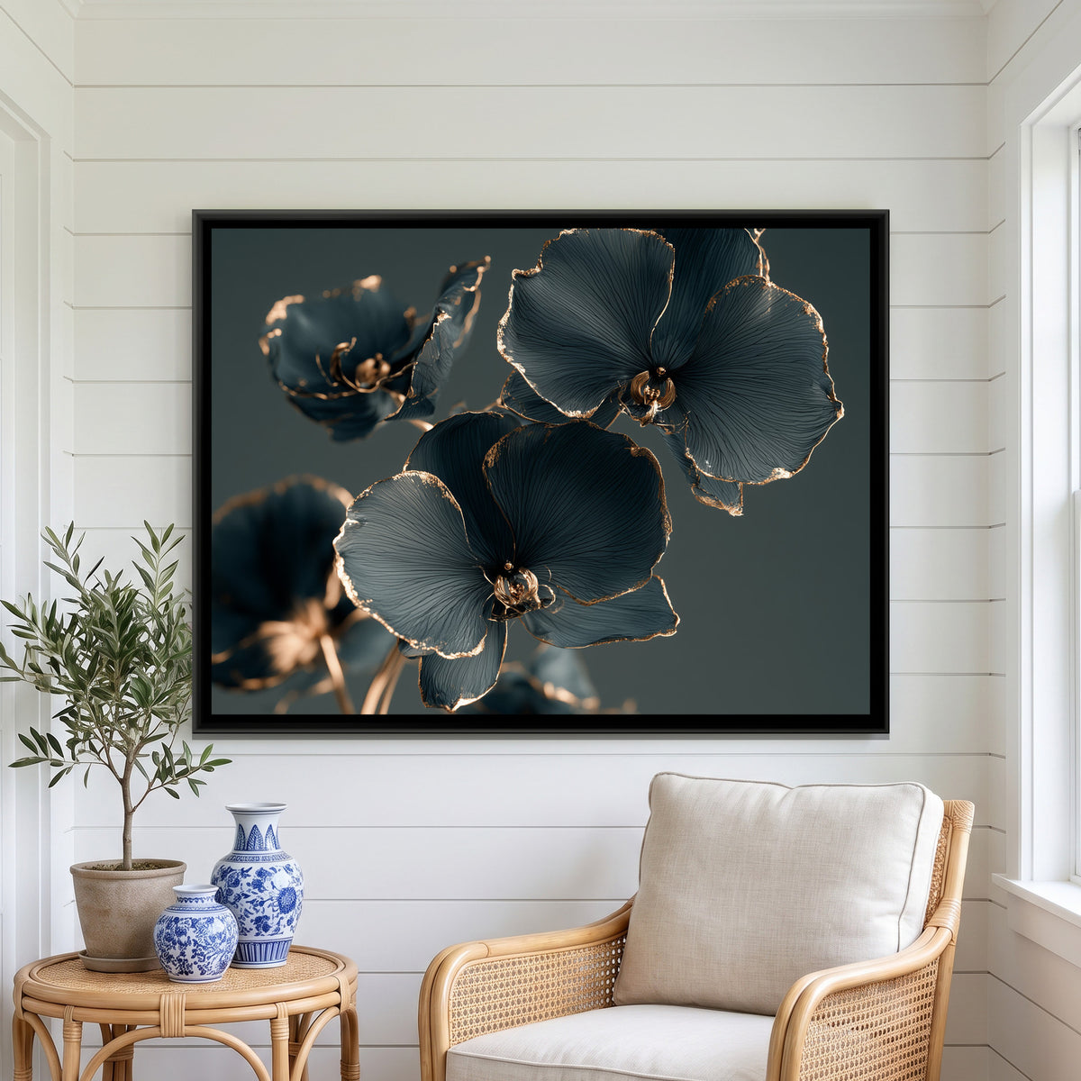 Teal Orchids — framed canvas art hung on a wall