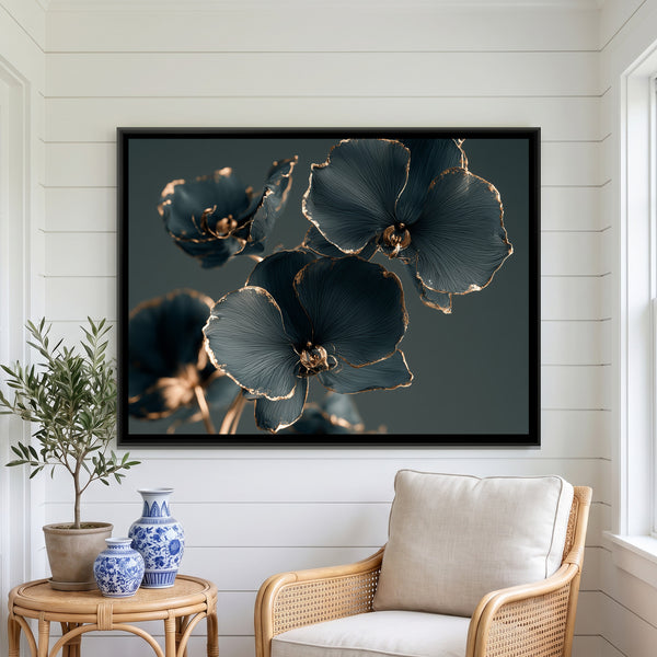 Teal Orchids — framed canvas art hung on a wall