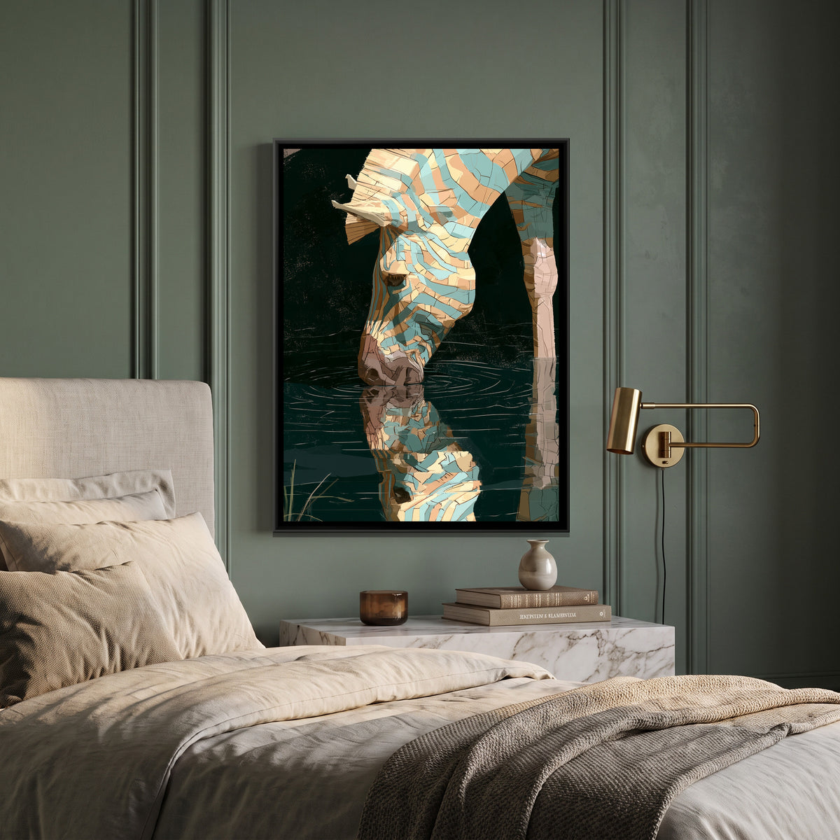 Zebra Drinking — canvas art shown in a second room setting