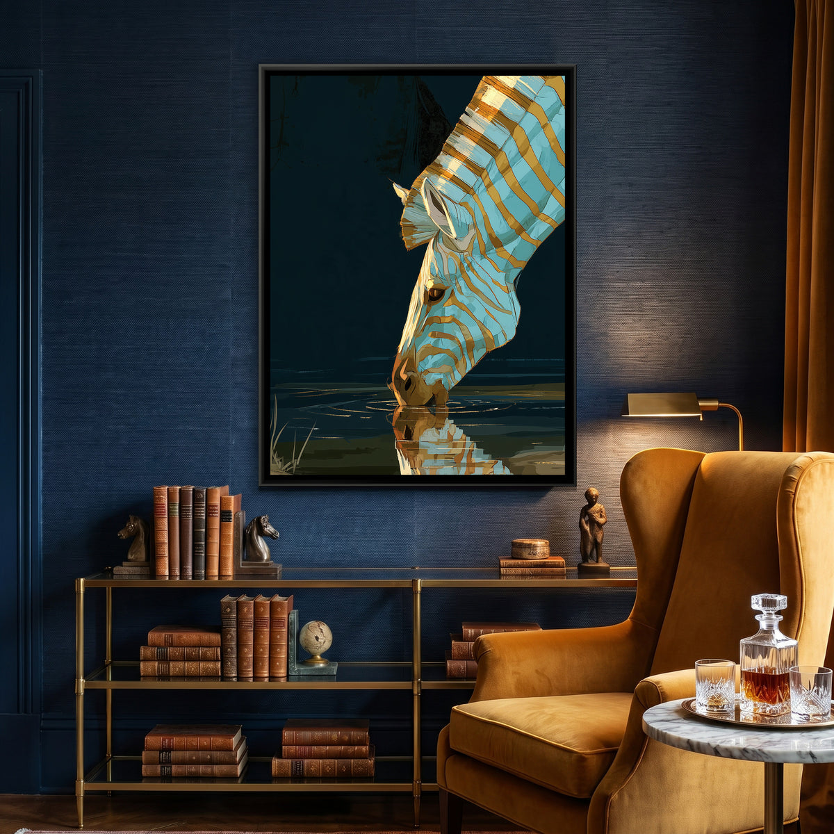 Zebra Drinking — canvas art shown in a styled room