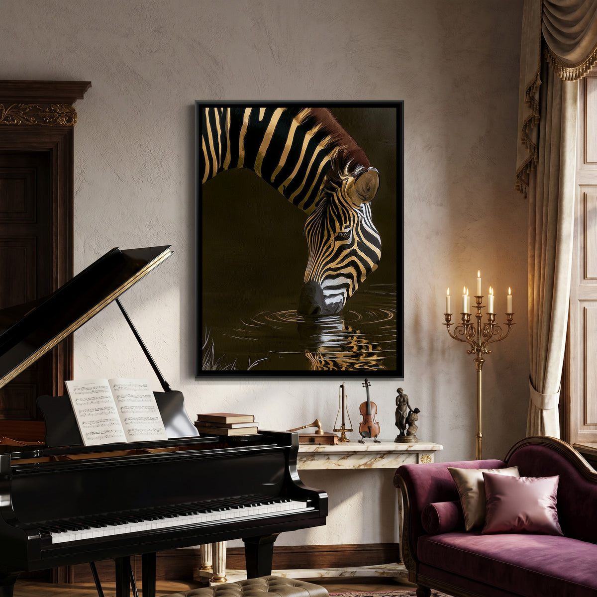 Zebra Drinking — canvas art shown in a second room setting