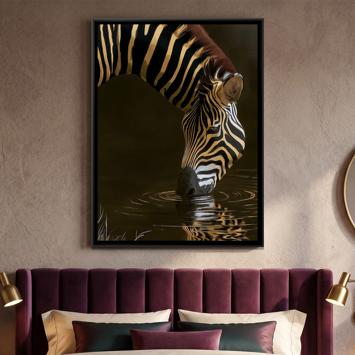 Zebra Drinking — framed canvas art hung on a wall