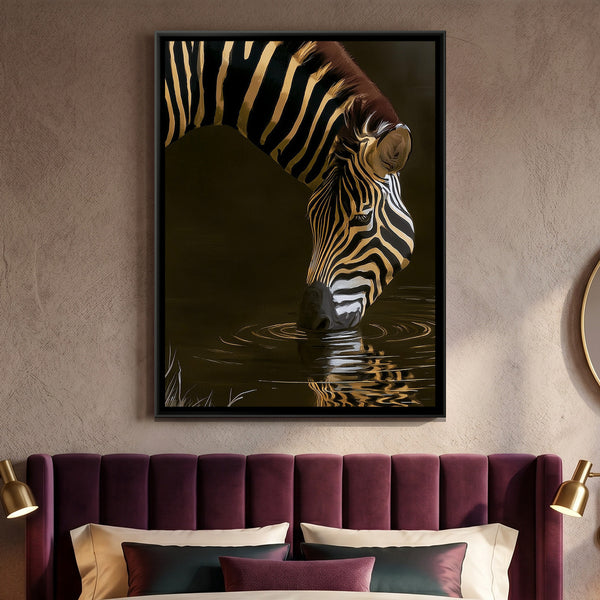 Zebra Drinking — framed canvas art hung on a wall