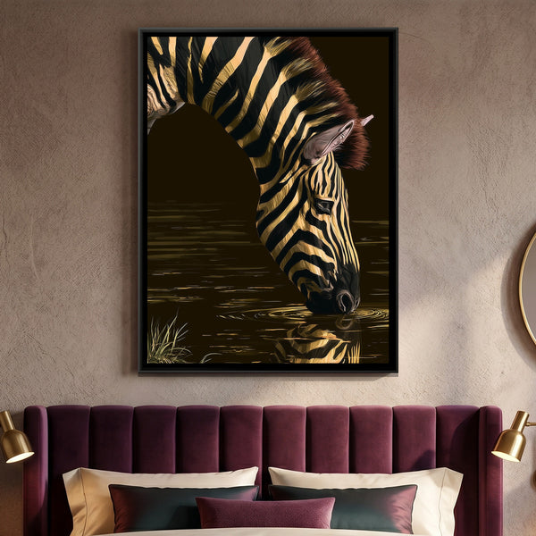 Zebra Drinking — framed canvas art hung on a wall