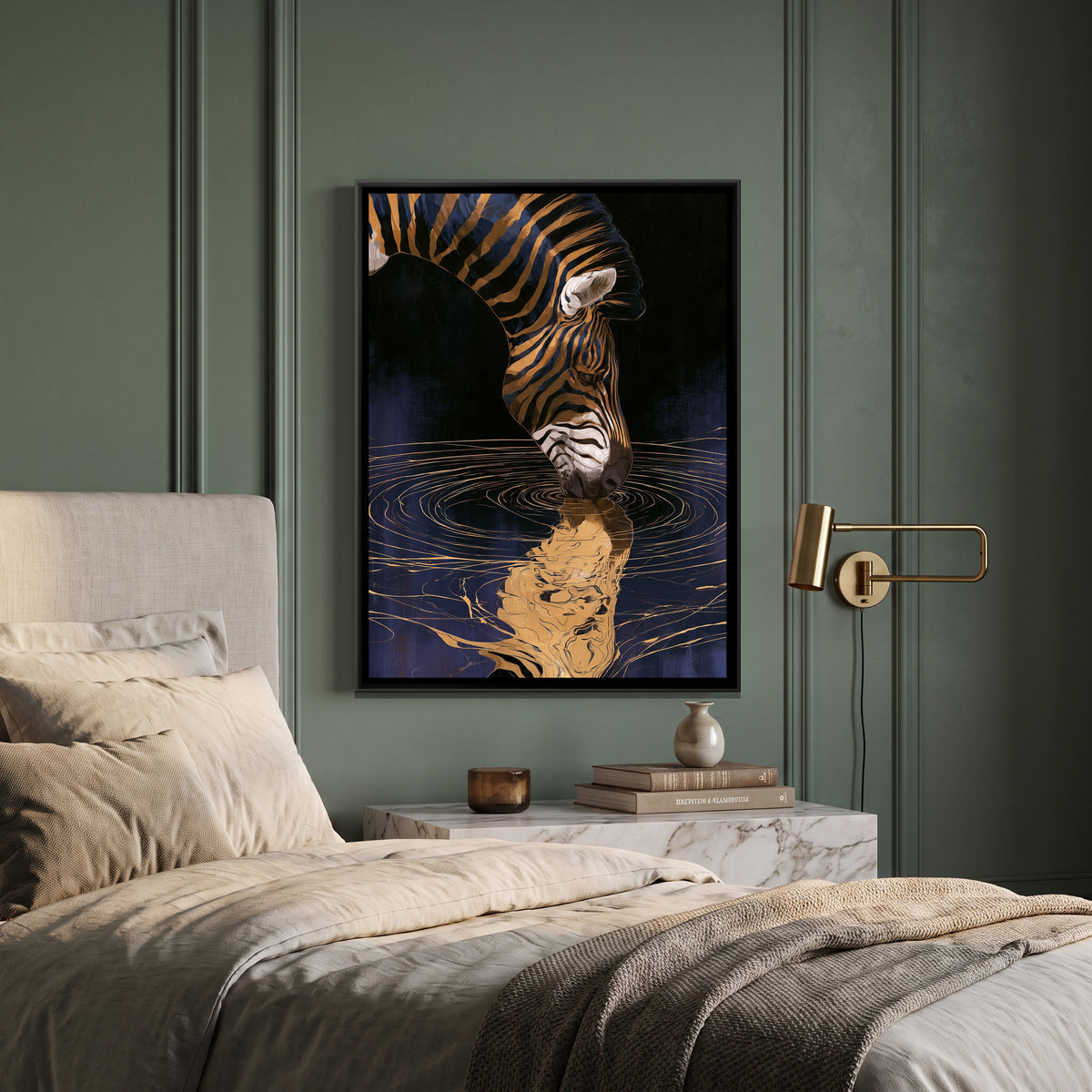 Zebra Drinking — canvas art shown in a styled room