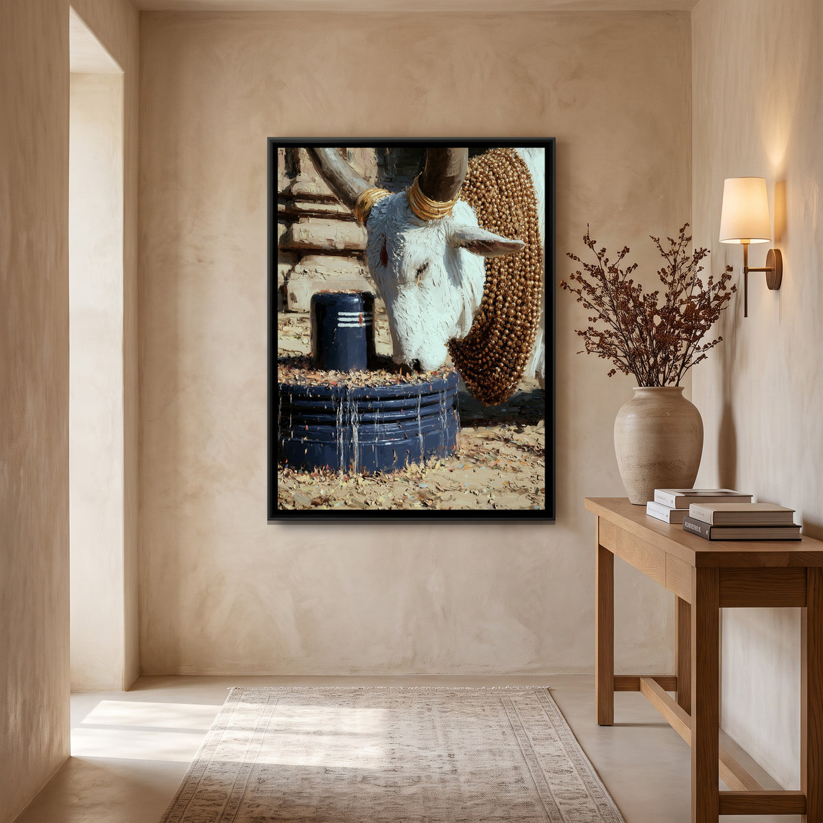 Nandi Ji and Shivling — canvas art shown in a second room setting