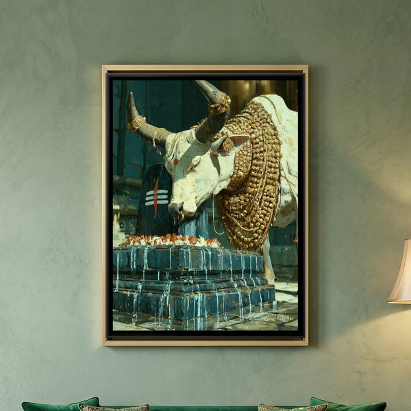 Nandi Ji and Shivling — framed canvas art hung on a wall