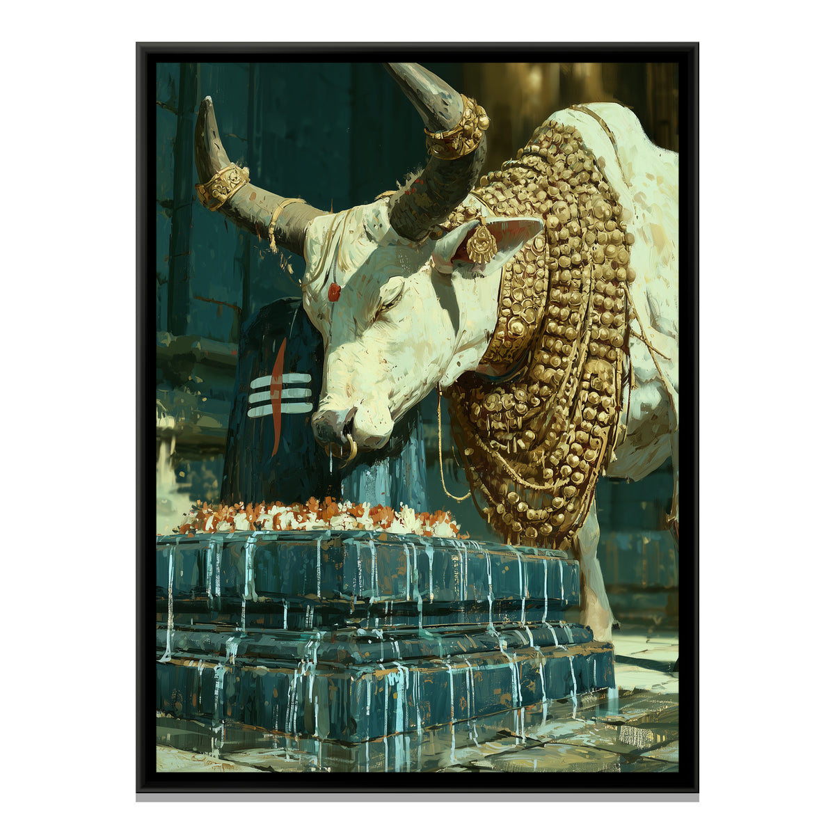 Nandi Ji and Shivling — framed canvas print, front view