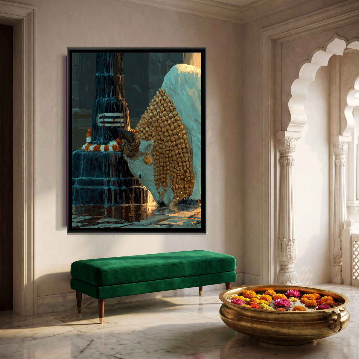 Nandi Ji and Shivling — canvas art shown in a styled room