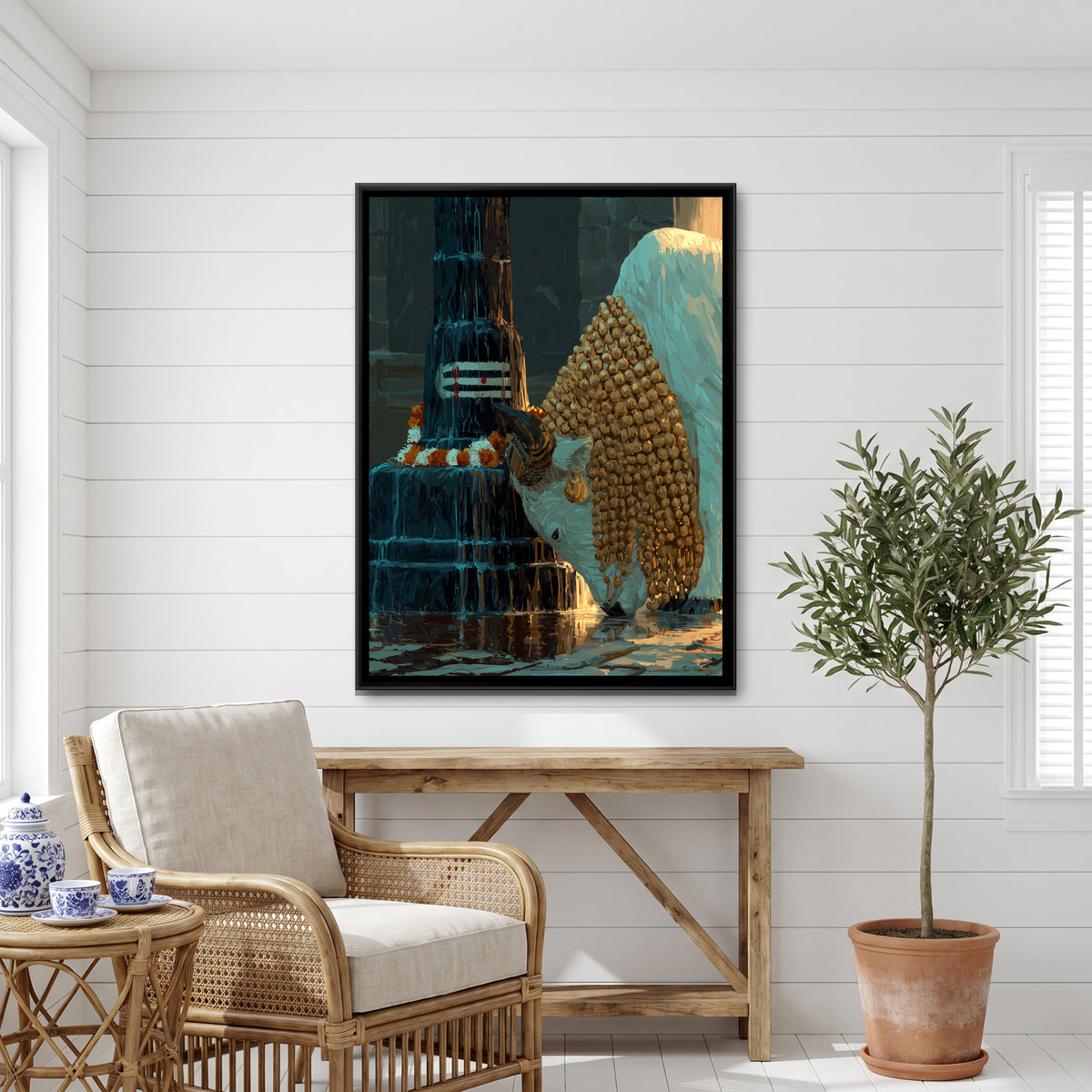 Nandi Ji and Shivling — canvas art shown in a second room setting