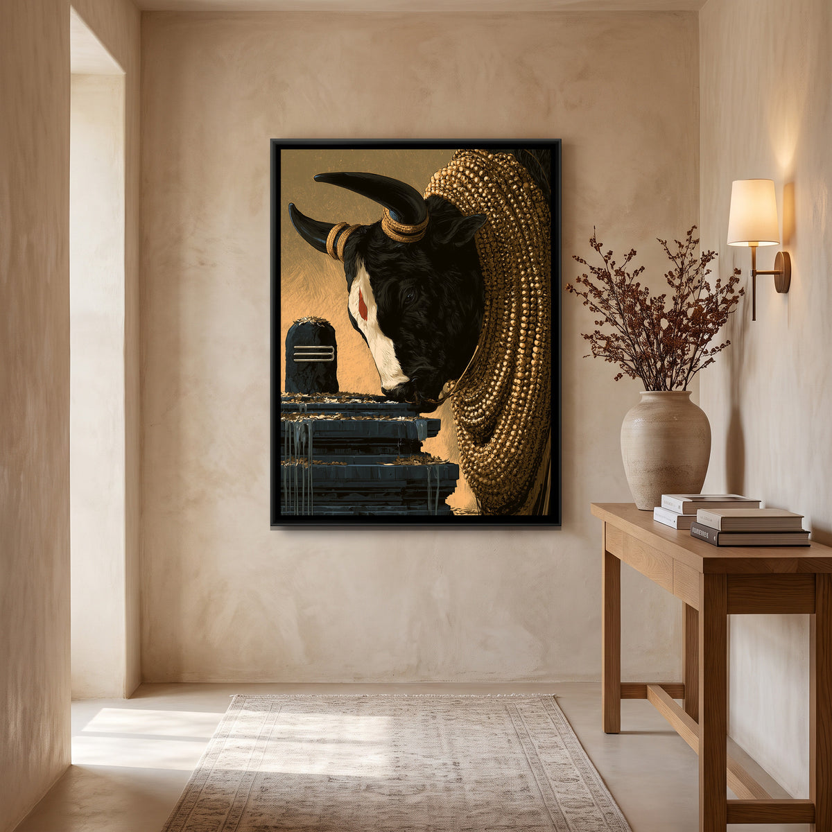 Nandi Ji and Shivling — canvas art shown in a second room setting