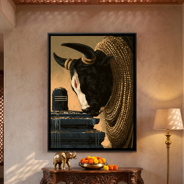 Nandi Ji and Shivling — framed canvas art hung on a wall