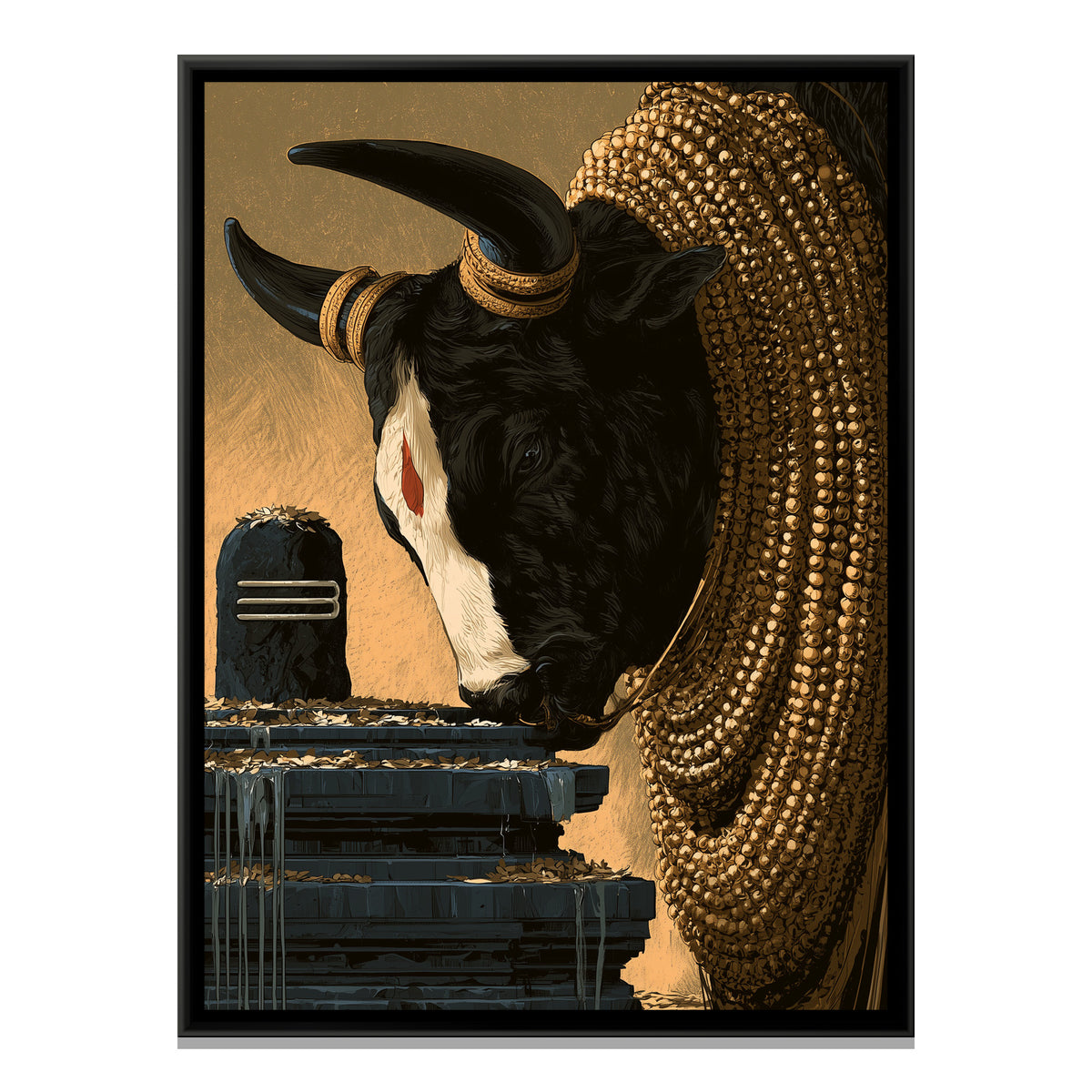 Nandi Ji and Shivling — framed canvas print, front view