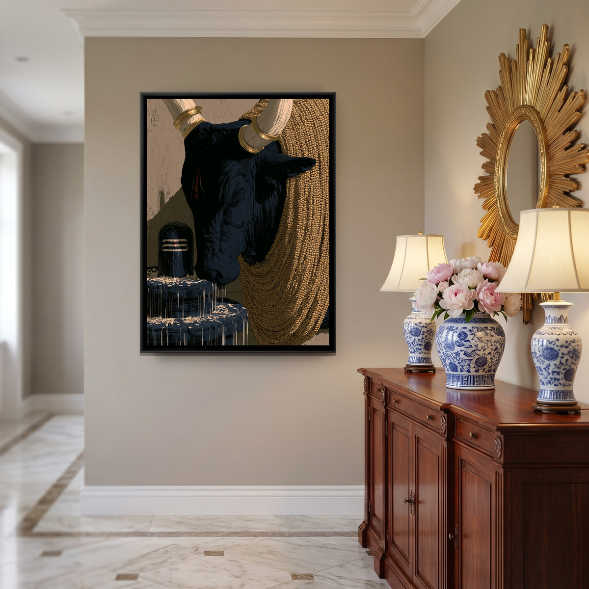 Nandi Ji and Shivling — canvas art shown in a second room setting