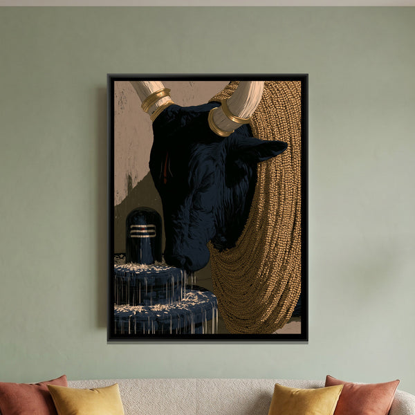 Nandi Ji and Shivling — framed canvas art hung on a wall