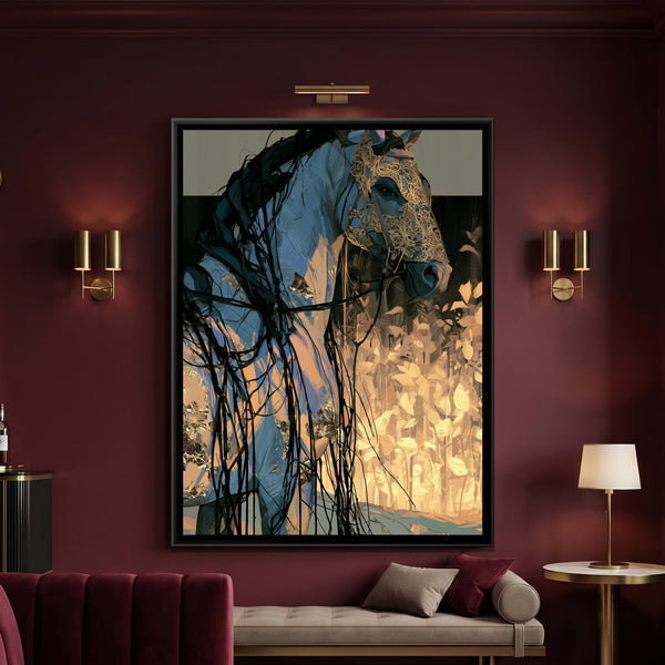 Horse in Gold Mask — framed canvas art hung on a wall