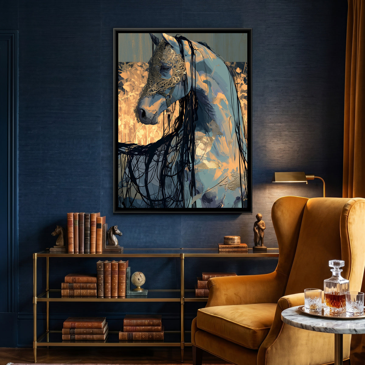 Horse in Gold Mask — canvas art shown in a styled room