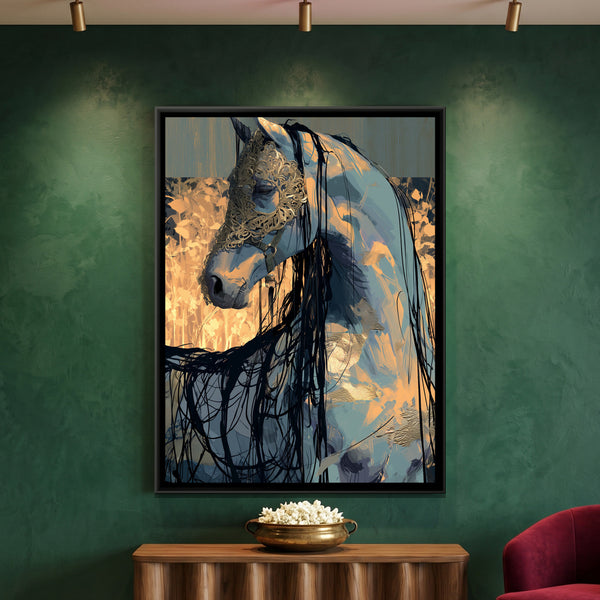 Horse in Gold Mask — framed canvas art hung on a wall