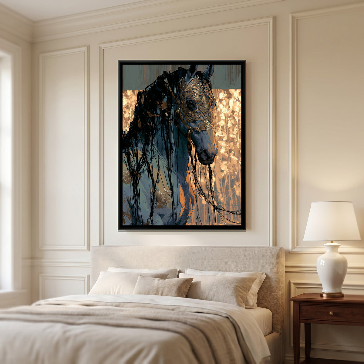 Horse in Gold Mask — canvas art shown in a styled room