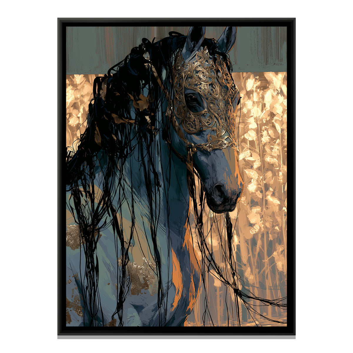 Horse in Gold Mask — framed canvas print, front view
