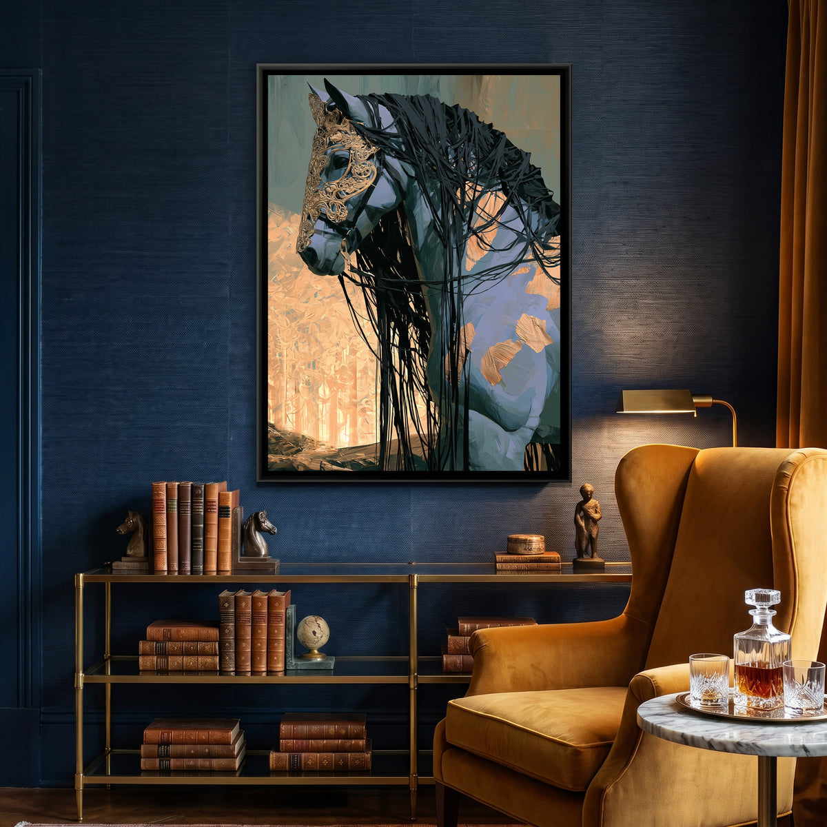 Horse in Gold Mask — canvas art shown in a styled room