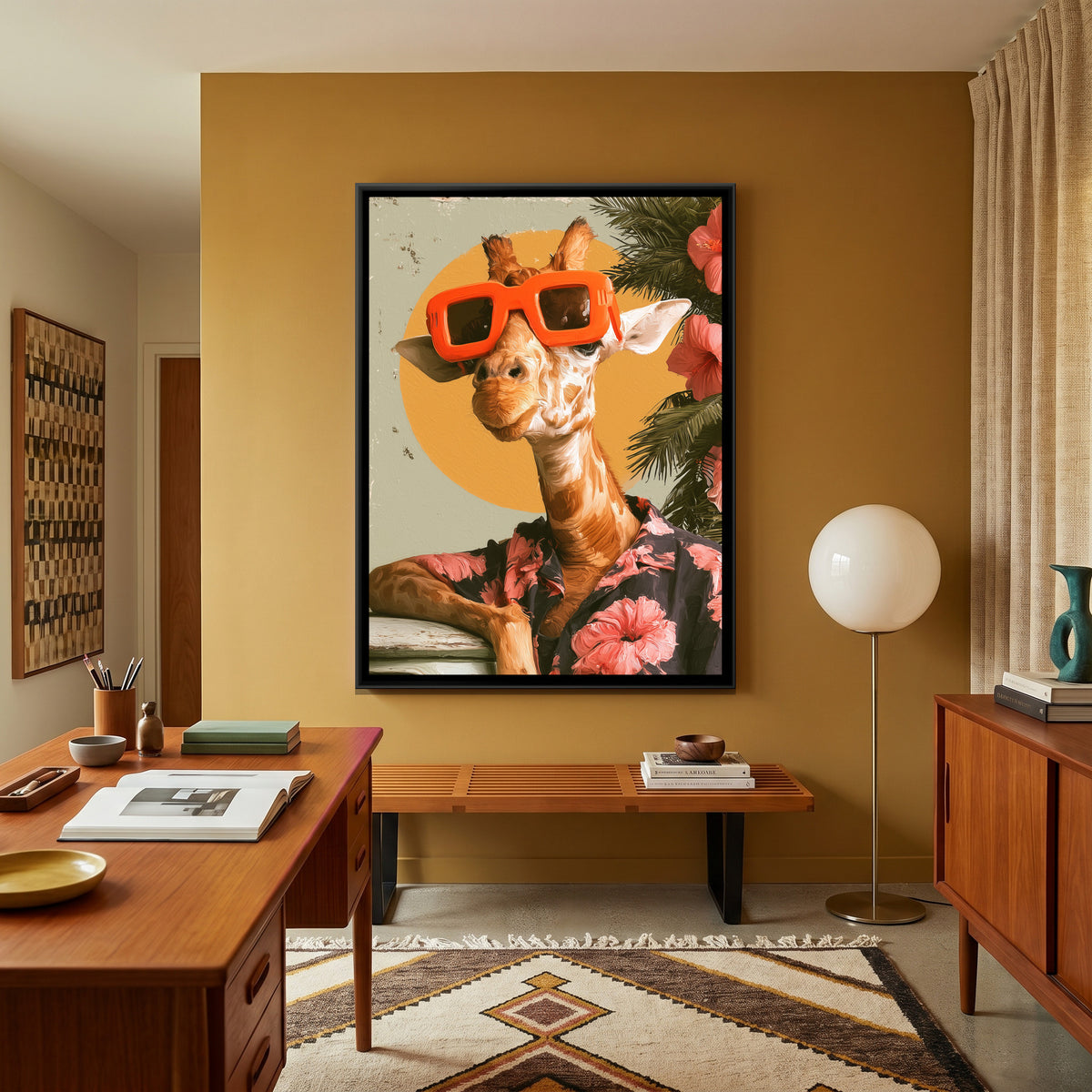 Giraffe in Sunglasses — canvas art shown in a styled room