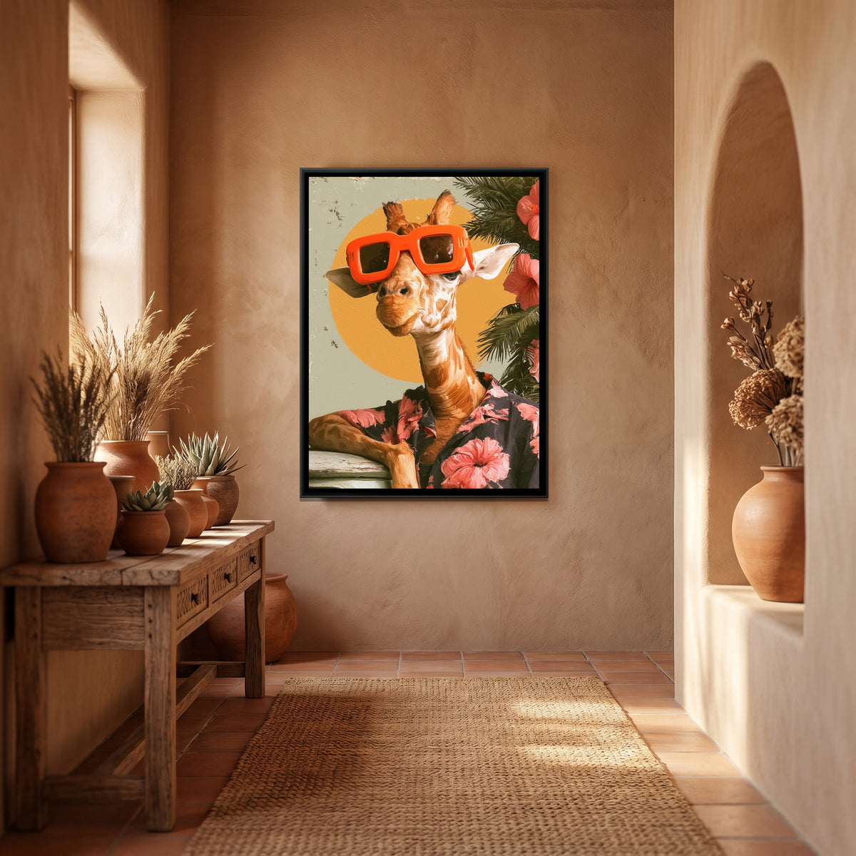 Giraffe in Sunglasses — canvas art shown in a second room setting