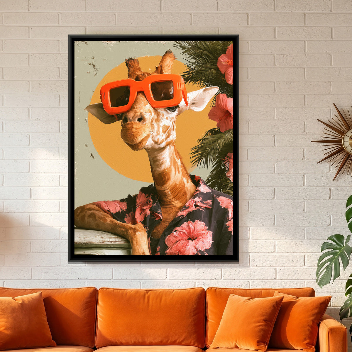 Giraffe in Sunglasses — framed canvas art hung on a wall