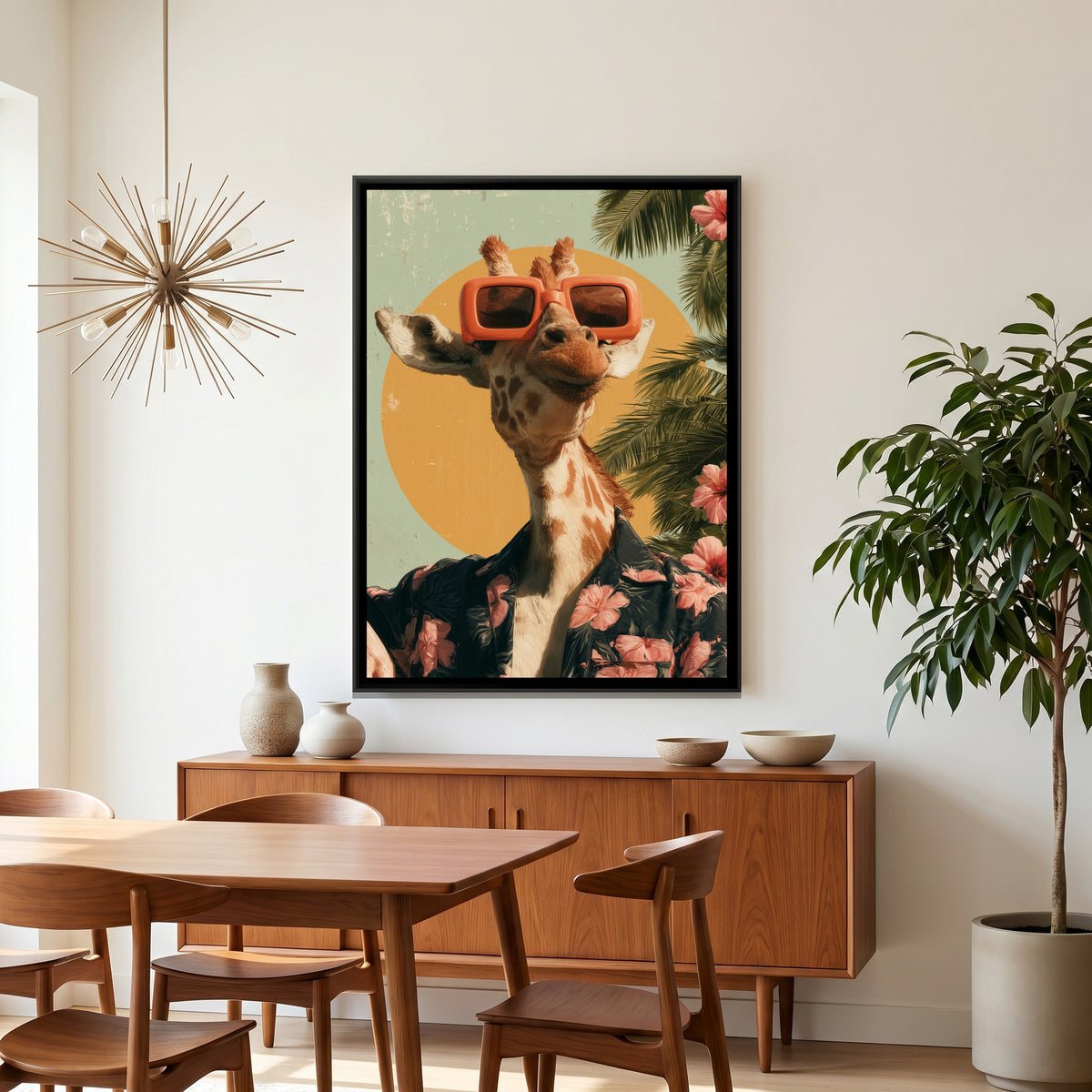 Giraffe in Sunglasses — canvas art shown in a second room setting