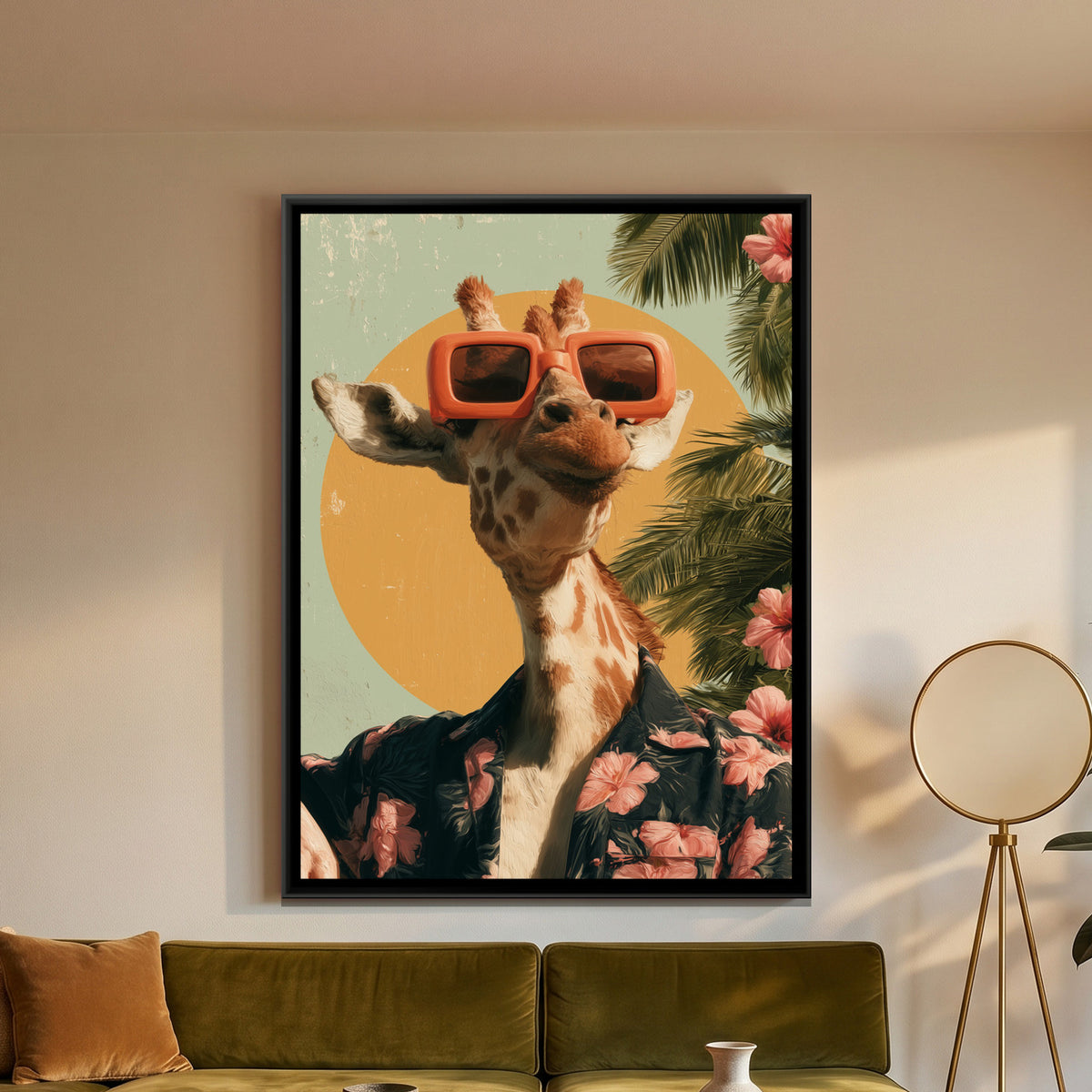 Giraffe in Sunglasses — framed canvas art hung on a wall