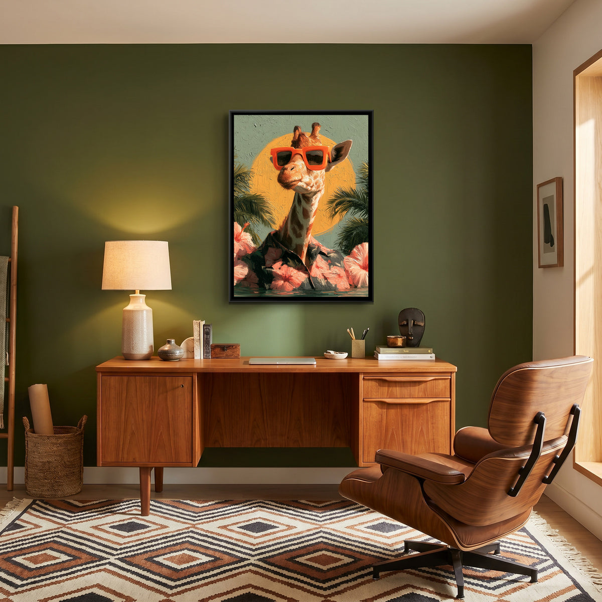Giraffe in Sunglasses — canvas art shown in a styled room