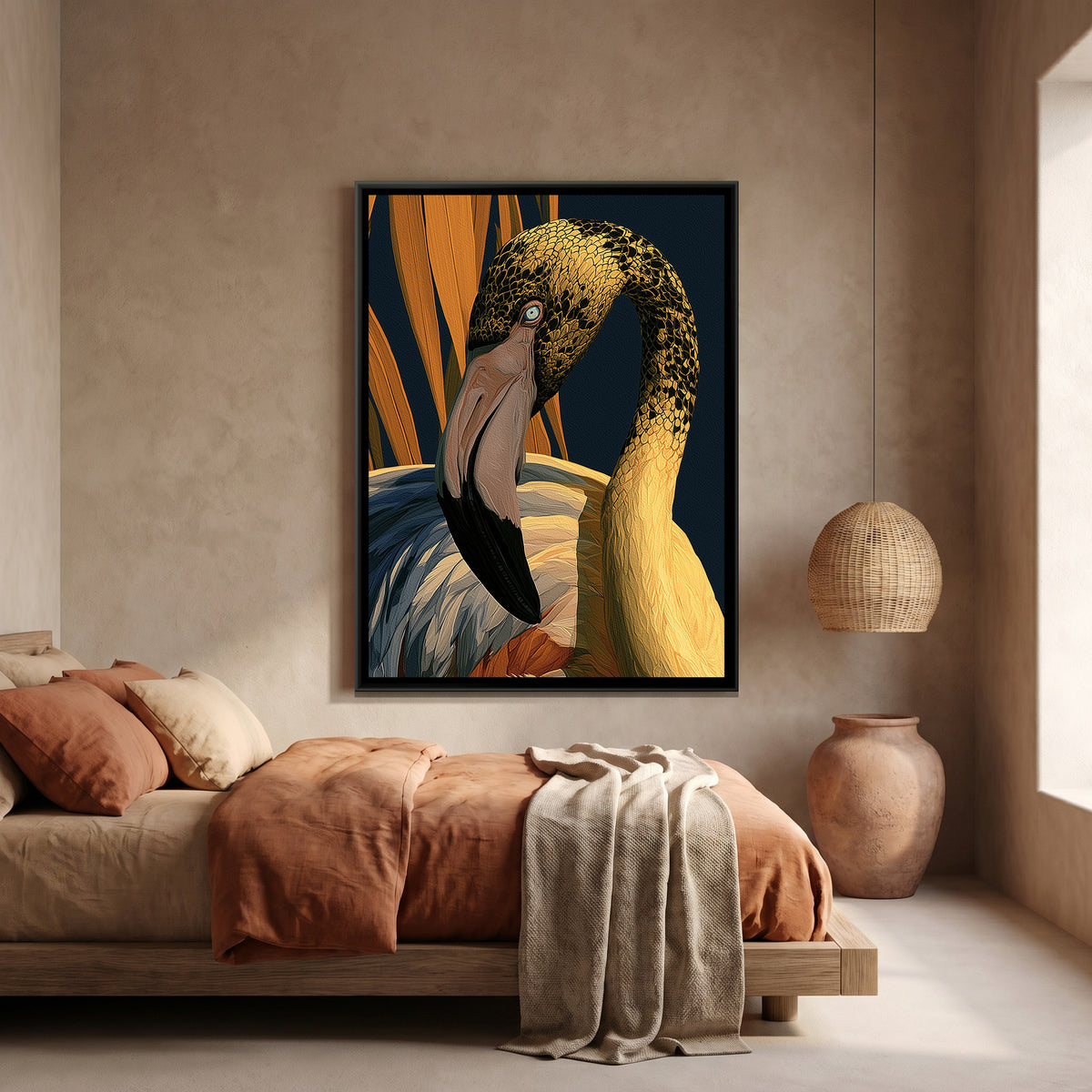 Flamingo — canvas art shown in a styled room