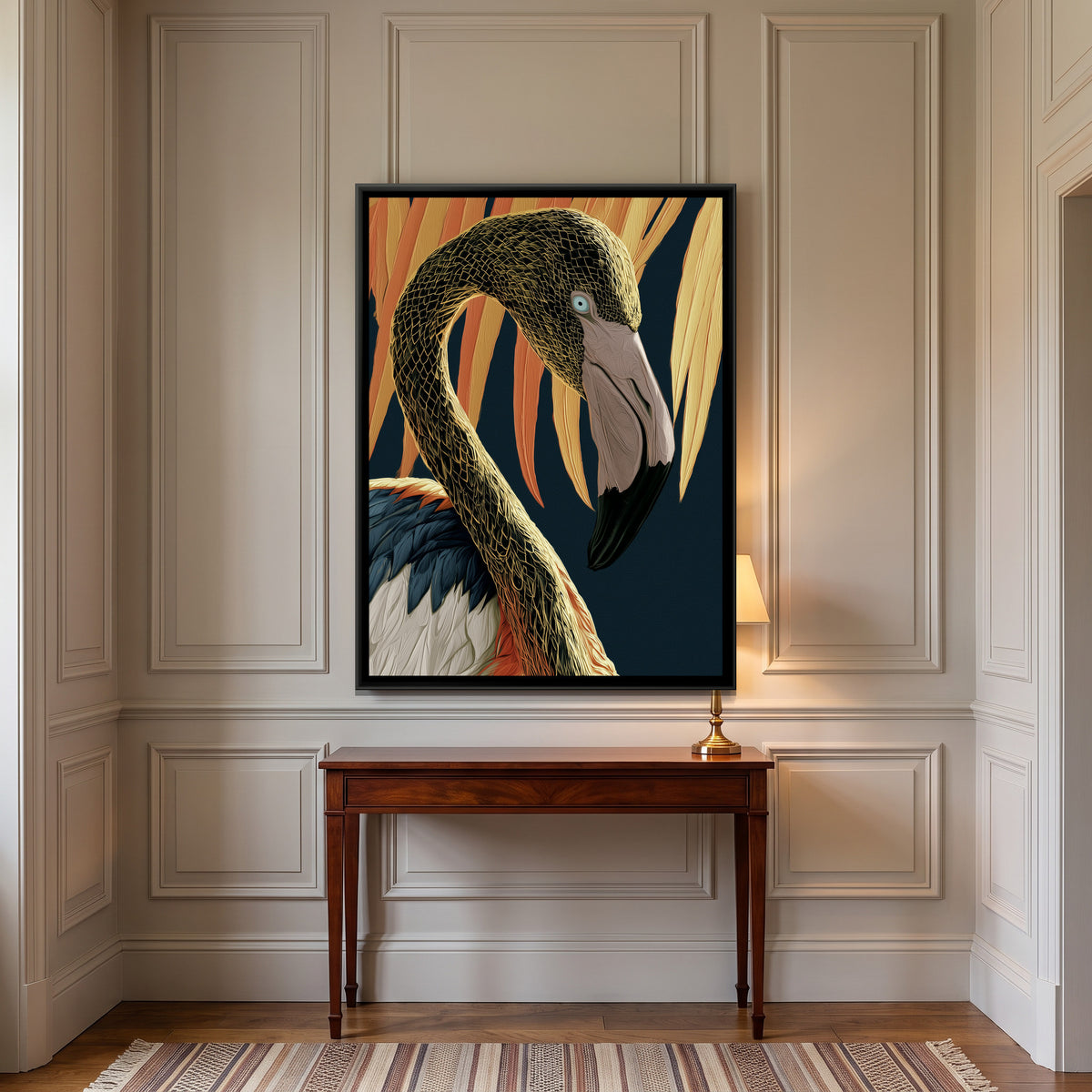 Flamingo — canvas art shown in a styled room