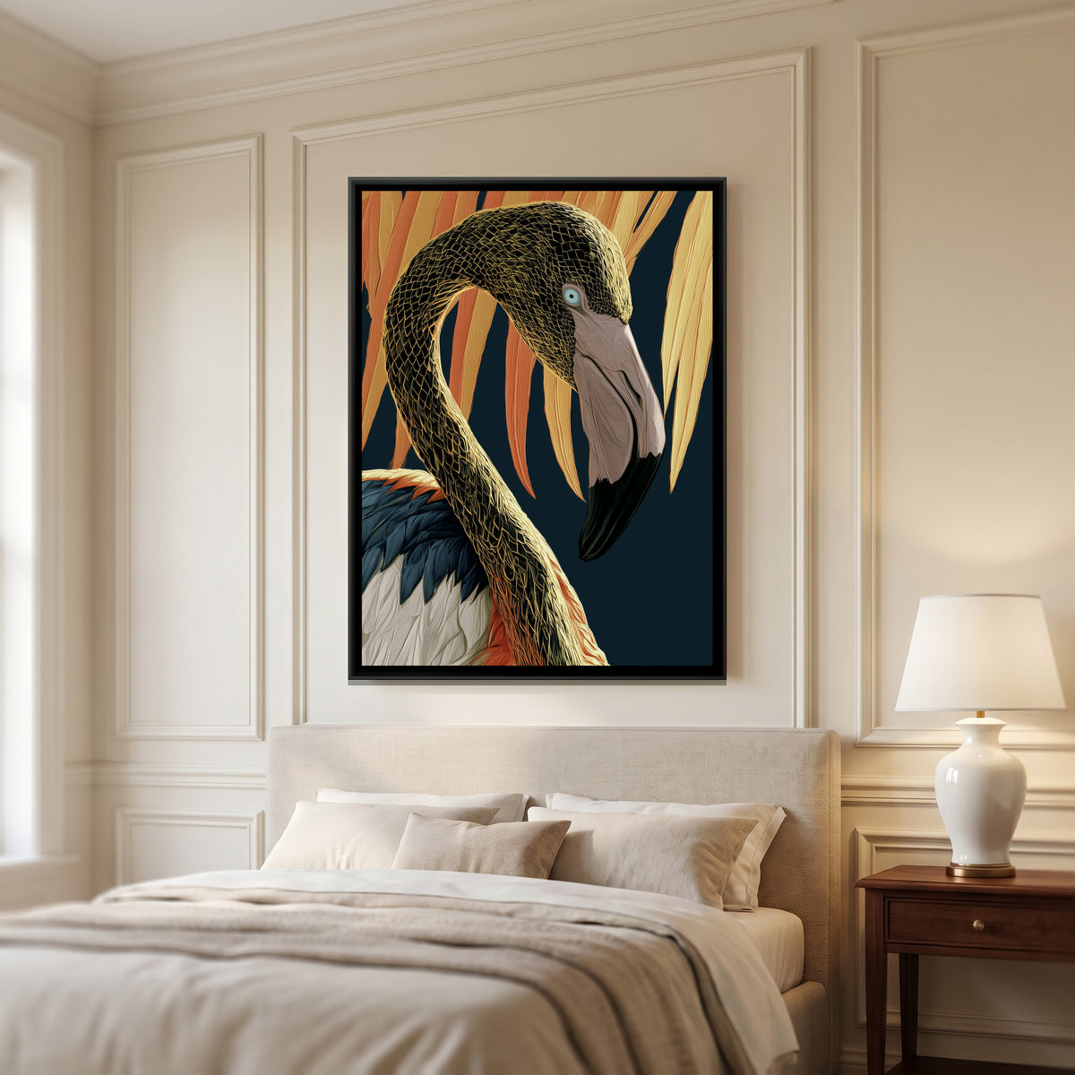 Flamingo — canvas art shown in a second room setting