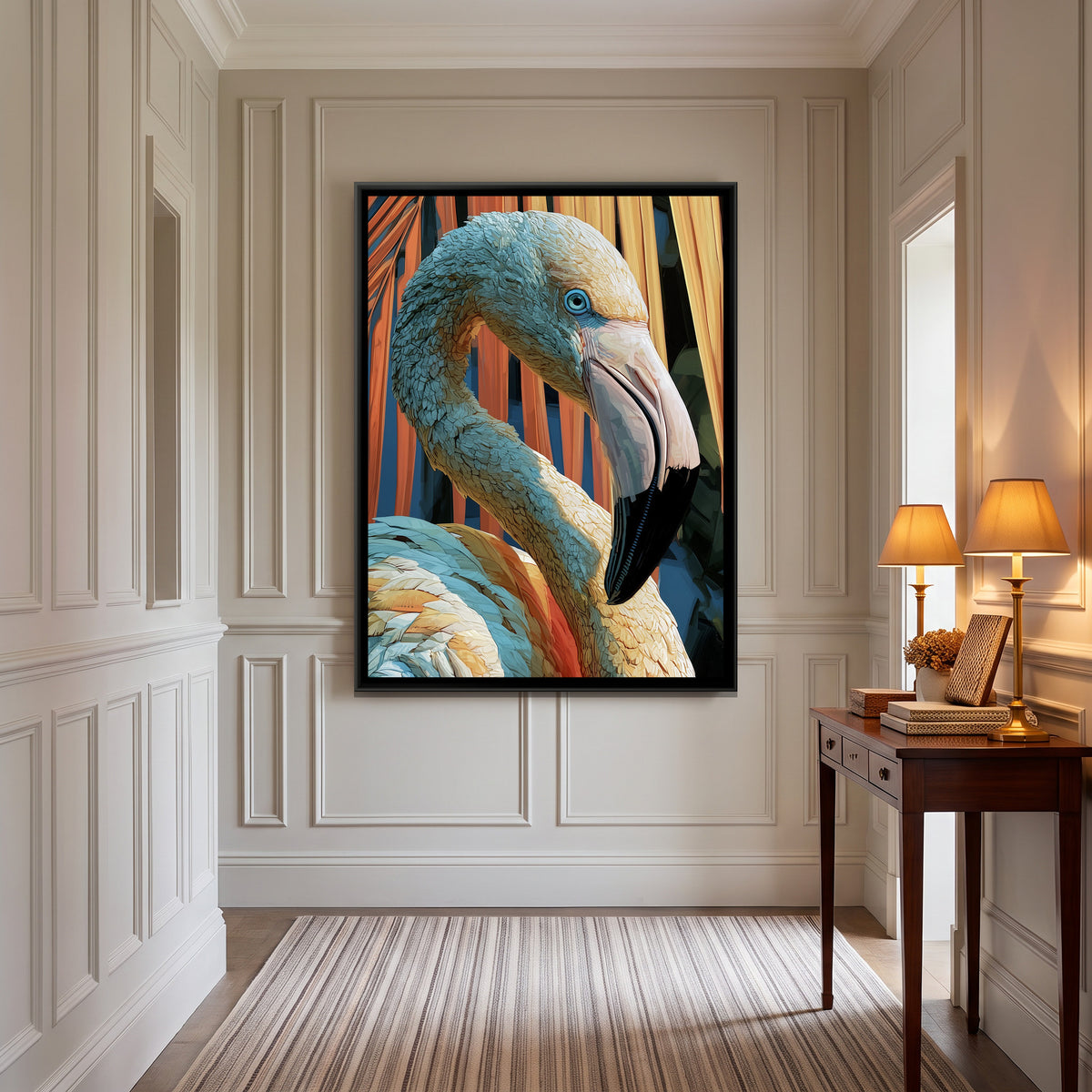 Flamingo — canvas art shown in a styled room