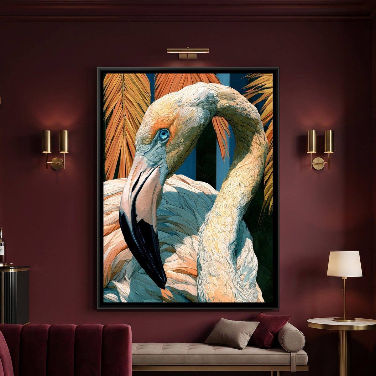 Flamingo — framed canvas art hung on a wall