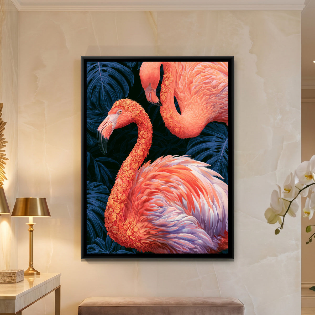 Flamingo Pair — framed canvas art hung on a wall